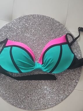 Source Unknown Women's Bikini Top in Teal and Hot Pink with Black Trim B Cup